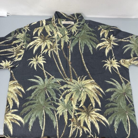 Tommy Bahama Silk Hawaiian Shirt Button Up Palm Trees Tropical Black Green L - Picture 3 of 8